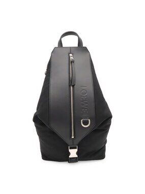 Loewe Convertible Backpack Small Shoulder Bag Nylon Leather Black Silver
